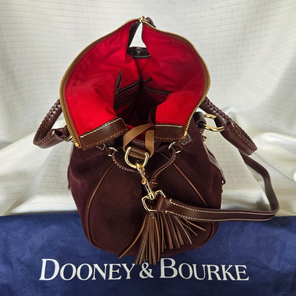Dooney & Bourke Brown Suede Satchel with Red Interior